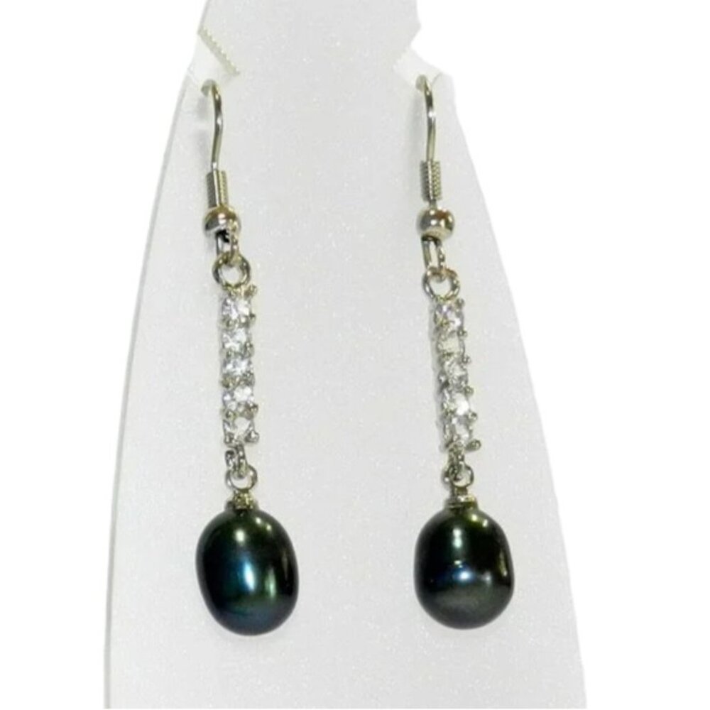 Black Freshwater Pearl & Crystal Silver-Plated Brass Dangle Drop Earrings E192